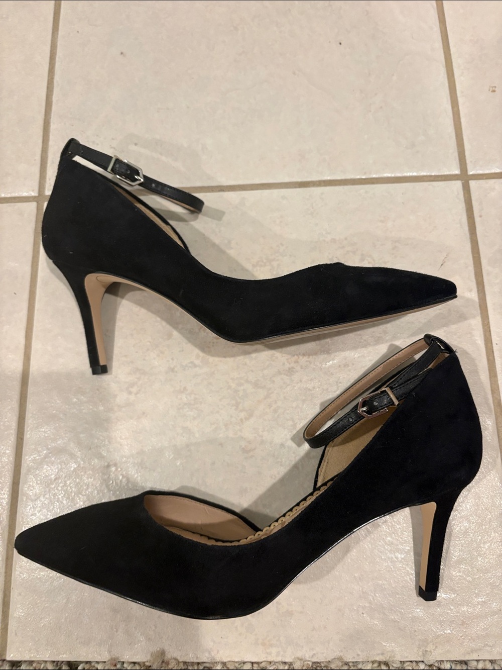Sam Edelman Black Suede Pointed-Toe Ankle-Strap Heels in 7M